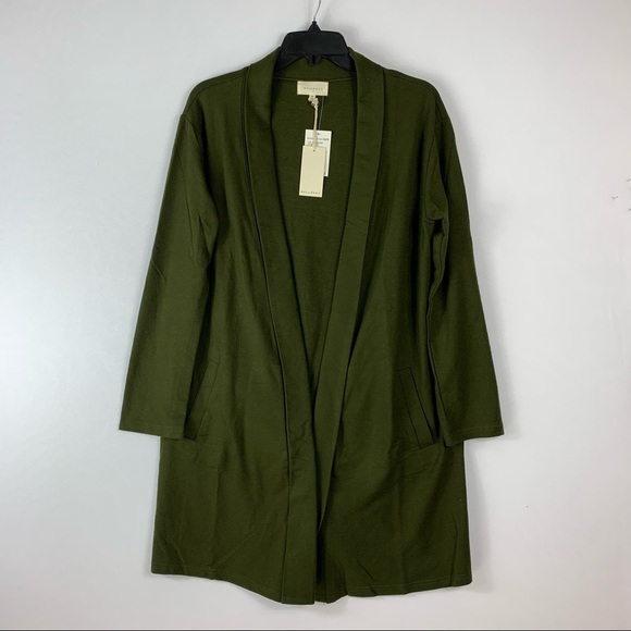 MelloDay Black Open Front Side Pockets Butter Super-Soft Olive Green Cardigan - Picture 2 of 6